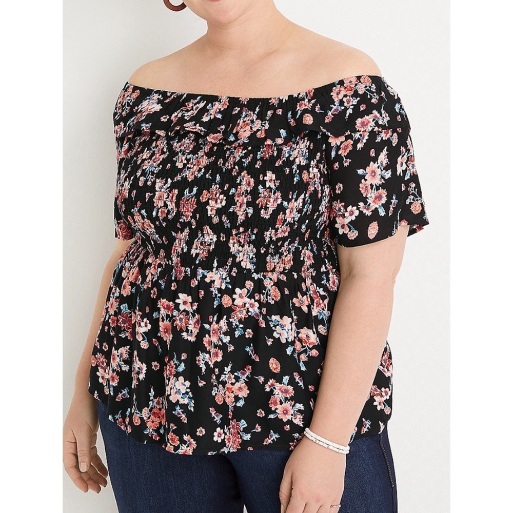Maurices Plus Size Black Floral Smocked Off The Shoulder Top